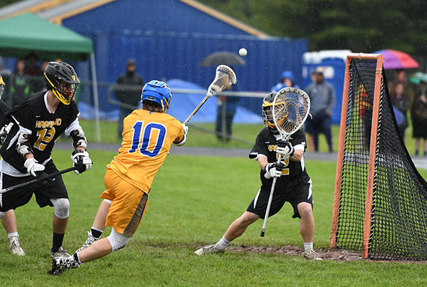 Harwood goalie Cameron Andrews made 13 saves in Harwood's 14-8 Division 2 semi-final win over Milton. Harwood eill play Stowe Friday in Burlington for the championship. Photo: John Williams